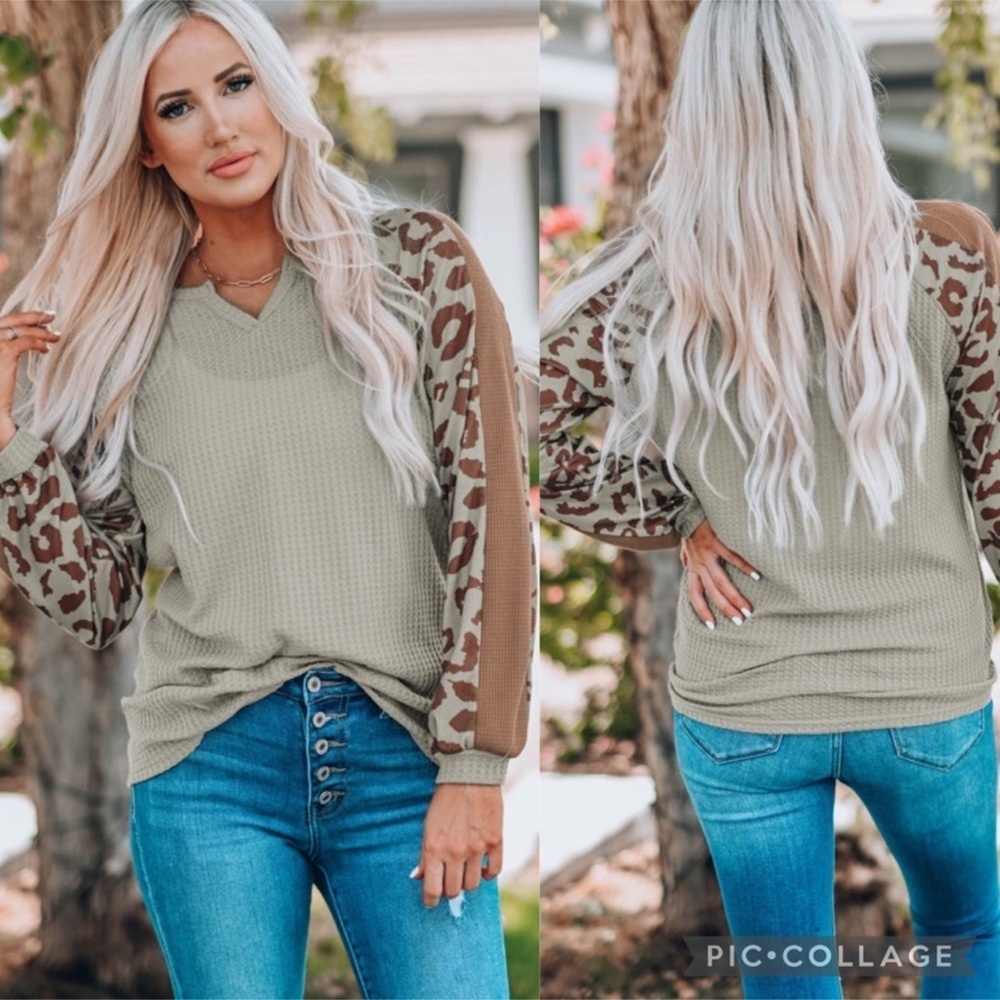 MOCHA Leopard Print Waffle Knit Long Sleeve Top